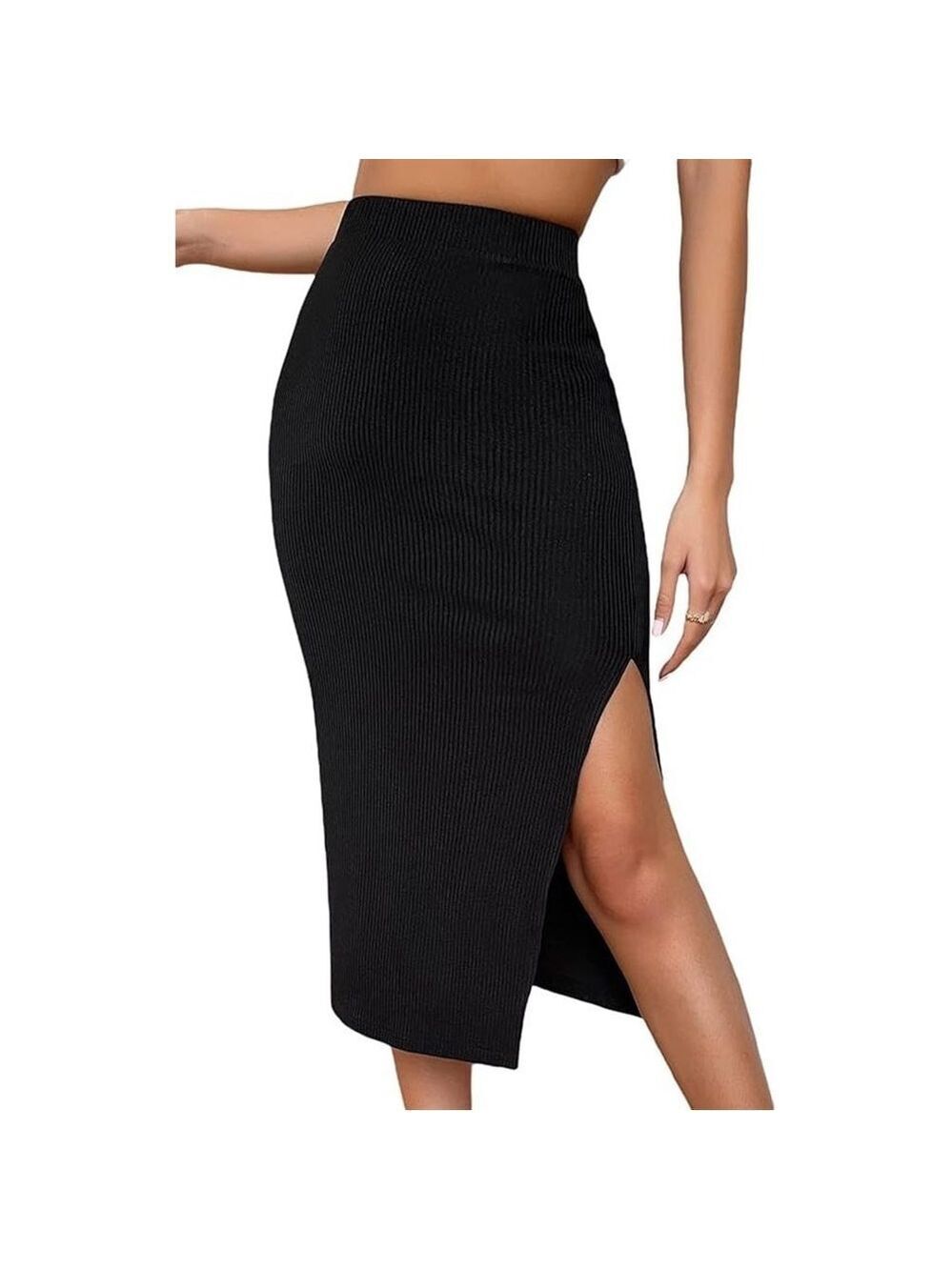 Ninexis Black Ribbed Knit Midi Skirt M High Slit Bodycon Stretch Edgy